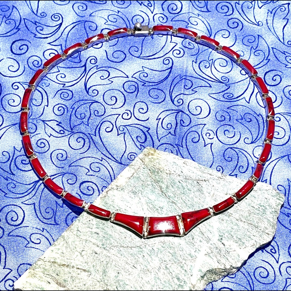 Estate Sterling Taxco Panel Necklace and Jasper Earrings - Picture 3 of 13